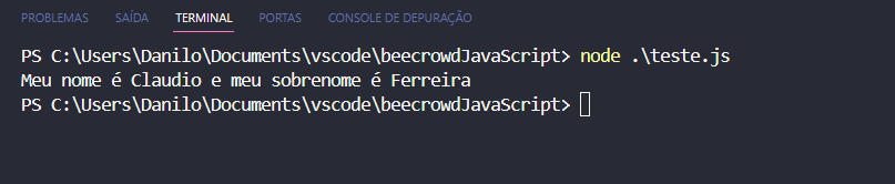 terminal rodando código js
