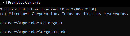 Imagem do prompt de comando com os comandos em sequencia: cd organo e code .
