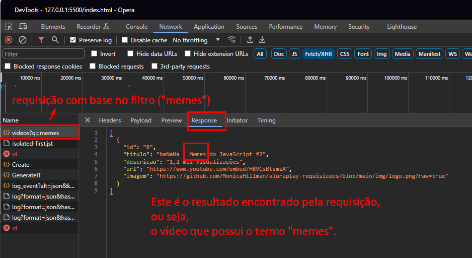 Imagem do DevTools - F12 - na aba "Network", inspecionando a requisição pela Response"