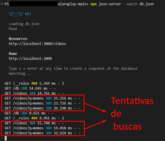 Tela do "Terminal" do VSCode após filtrar pelo termo "memes"