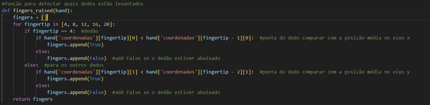 código em python para validar se o dedão está levantado ou não