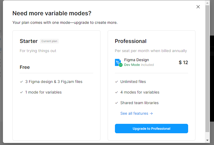 Na imagem está escrito "Need more variable modes? no ínicio do pop-up, um pouco abaixo bem a seguinte mensagem: "your plan comes with one mode-upgrade to create more. Após essa mensagem, duas caixinhas aparecem. A primeira tem o título "Starter" um indicativo menor escrito "current plan" abaixo desse título de indicativo com letras mais claras aparece "for trying things out", algumas linhas abaixo a palavra "Free" aparece em preto e uma linha fininha traz as seguintes frases abaixo: "3 Figma design &FigJam files" "1 mode for variable". A segunda caixinha recebe o título de "Professional" abaixo com cinza claro aparece o seguinte texto "Per seat per month when billed annually" abaixo o ícone de um papel em azul com a ponta superior esquerda dobrada e com um pincel branco desenhado ao lado está escrito "Figma Design" e abaixo disso, ainda ao lado do papel "Dev Mode included" e no canto direito extremo, na altura do desenho está o valor de $12 escrito,  após isso uma linha cinza clara que abaixo traz as seguintes informações: "Unlimited files", "4 modes for variables" e "shared team libraries" listados um abaixo do outro e depois um hiperlink em azul claro com "See all features" e uma setinha azul e por último um botão azul claro que traz em branco o seguinte texto: "Upgrade for professional"