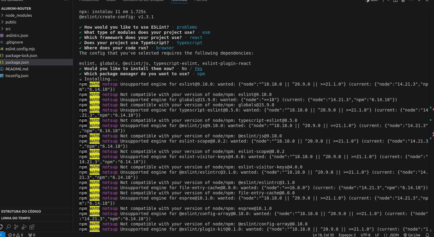 Erros ao atualizar e configurar o eslint!