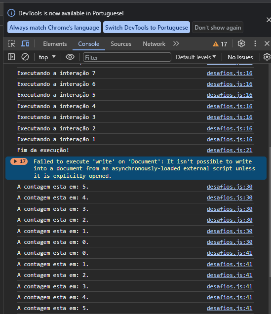 IPrint da tela: Print do console.log mostrando o erro 'Failed to execute 'write' on 'Document': It isn't possible to write into a document from an asynchronously-loaded external script unless it is explicitly opened.'