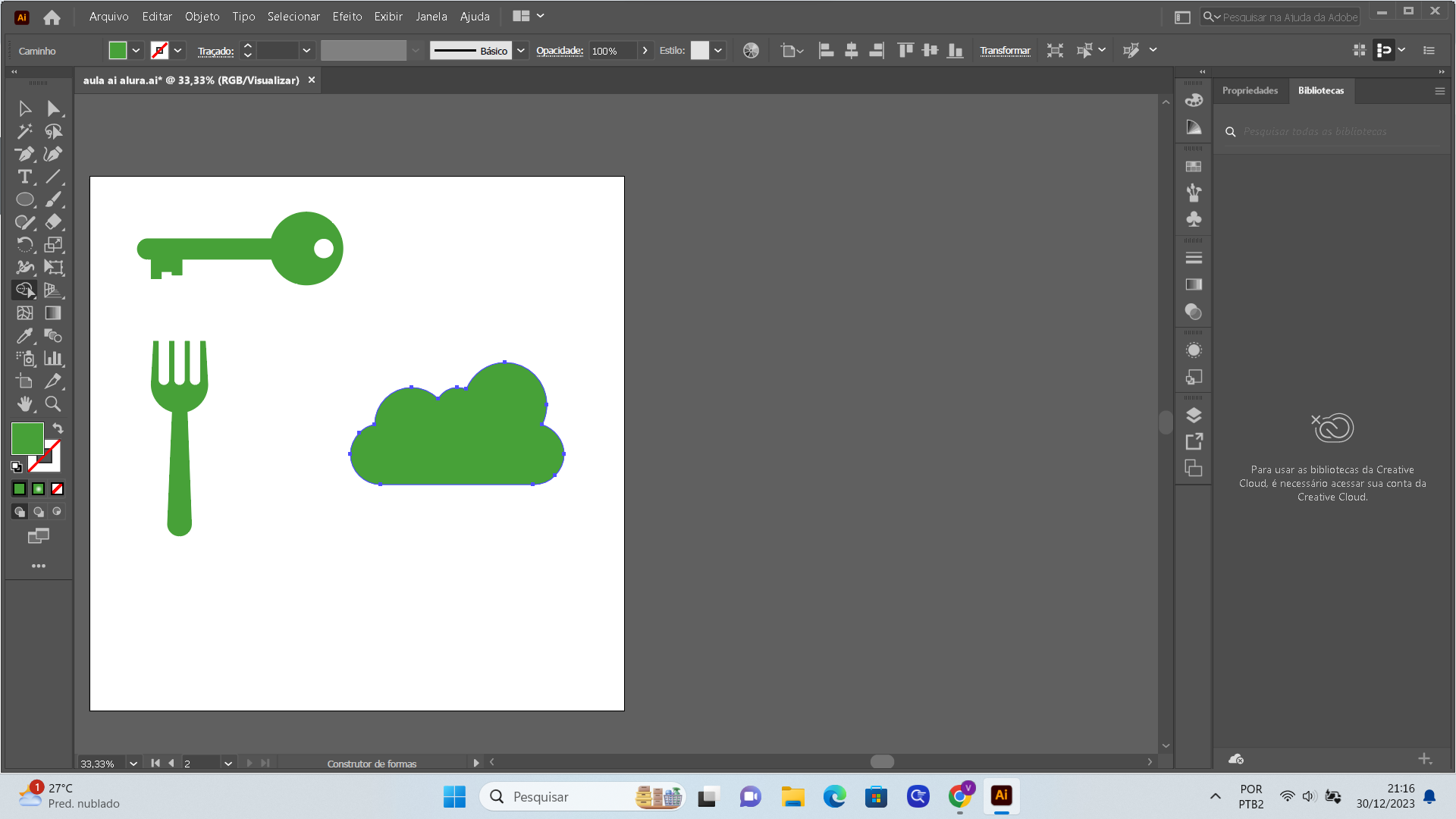 imagens vetorizadas de uma chave, garfo e nuvem na cor verde feitas a partir de formas do software Adobe Illustrator