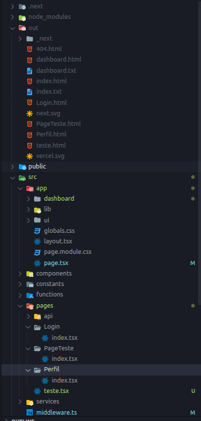 Imagem que mostra a estrutura de pastas do projeto em nextjs usando typescript