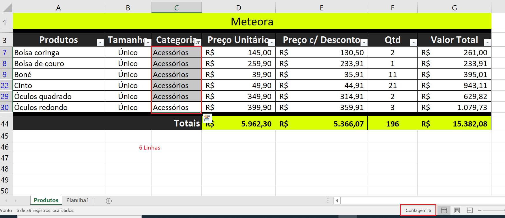 Contagem linhas acessórios