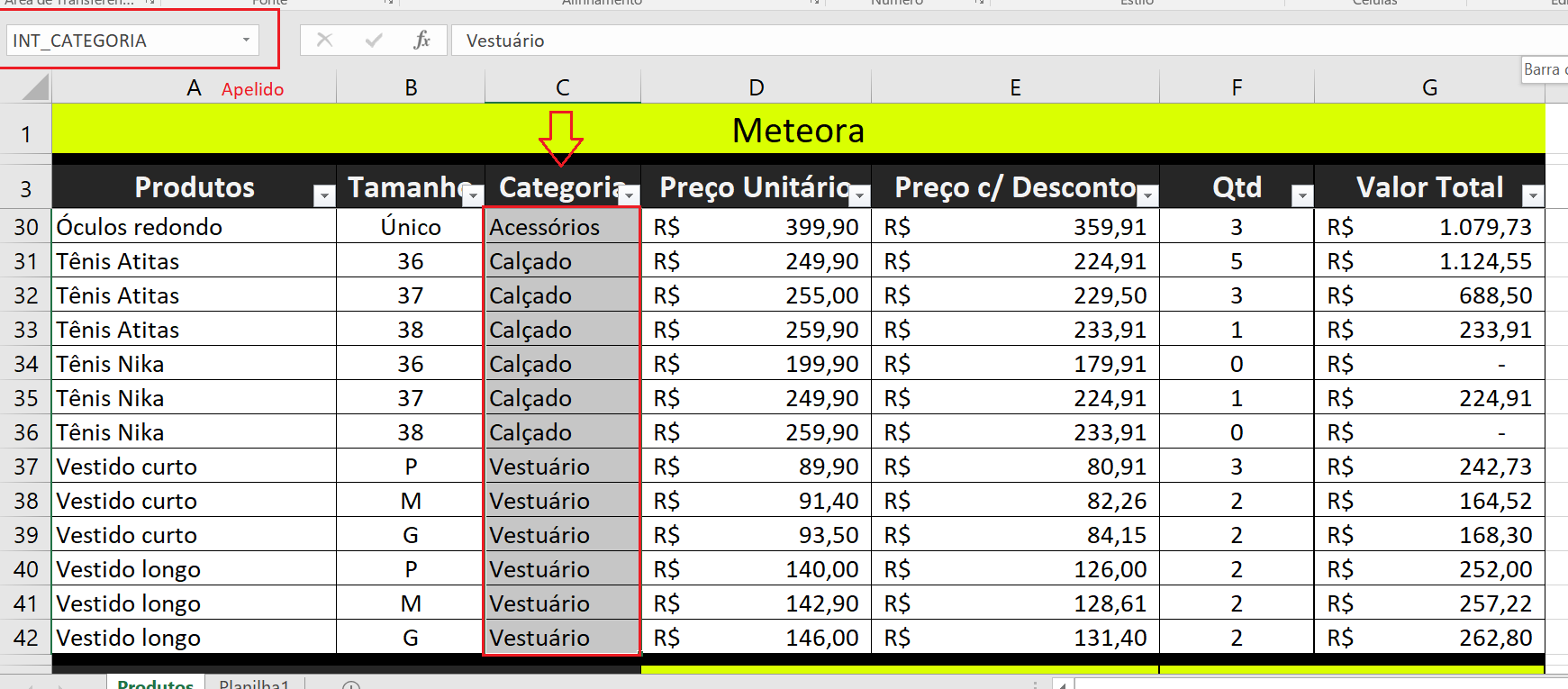 Apelido do Intervalo Categoria