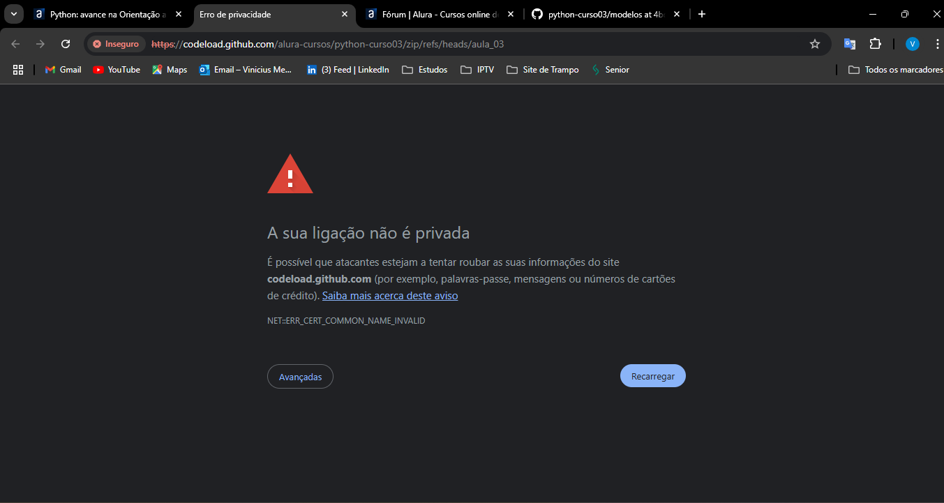 Print do erro ao tentar acessar o link do download