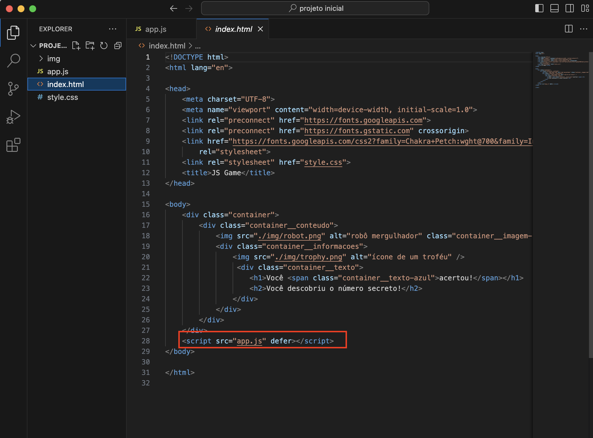 printscreen da tela do visual studio code na aba index html