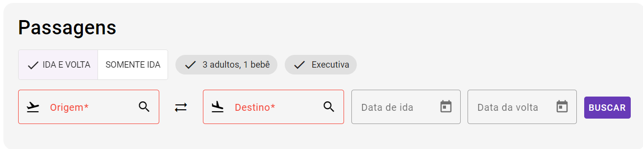 Imagem mostrando o formulário de busca onde só os campo de origem e destino estão vermelhos