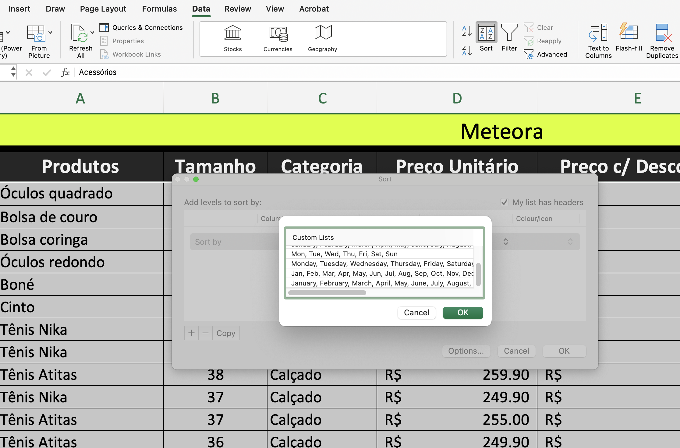 Lista Personalizada no Excel - MacOS