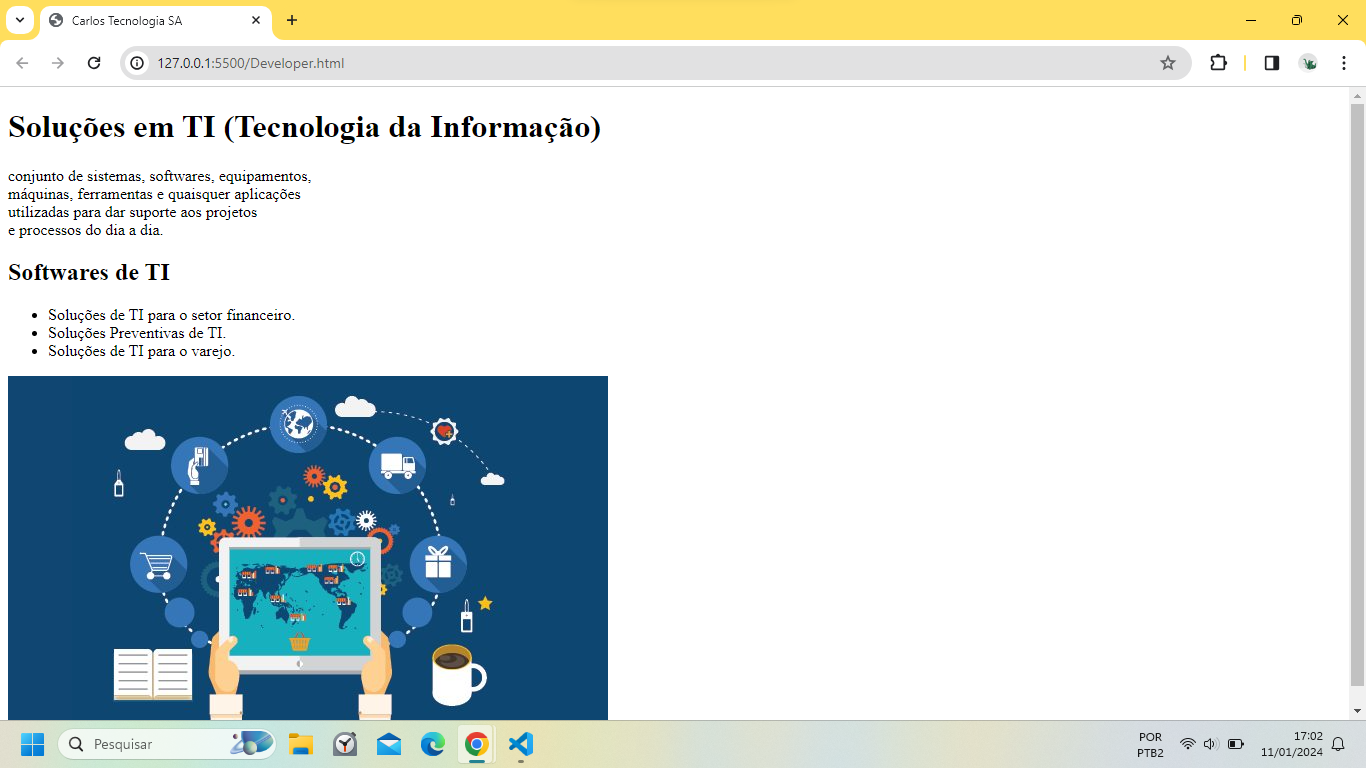 Resultado da primeira tentativa utilizando HTML com o VS CODE. 