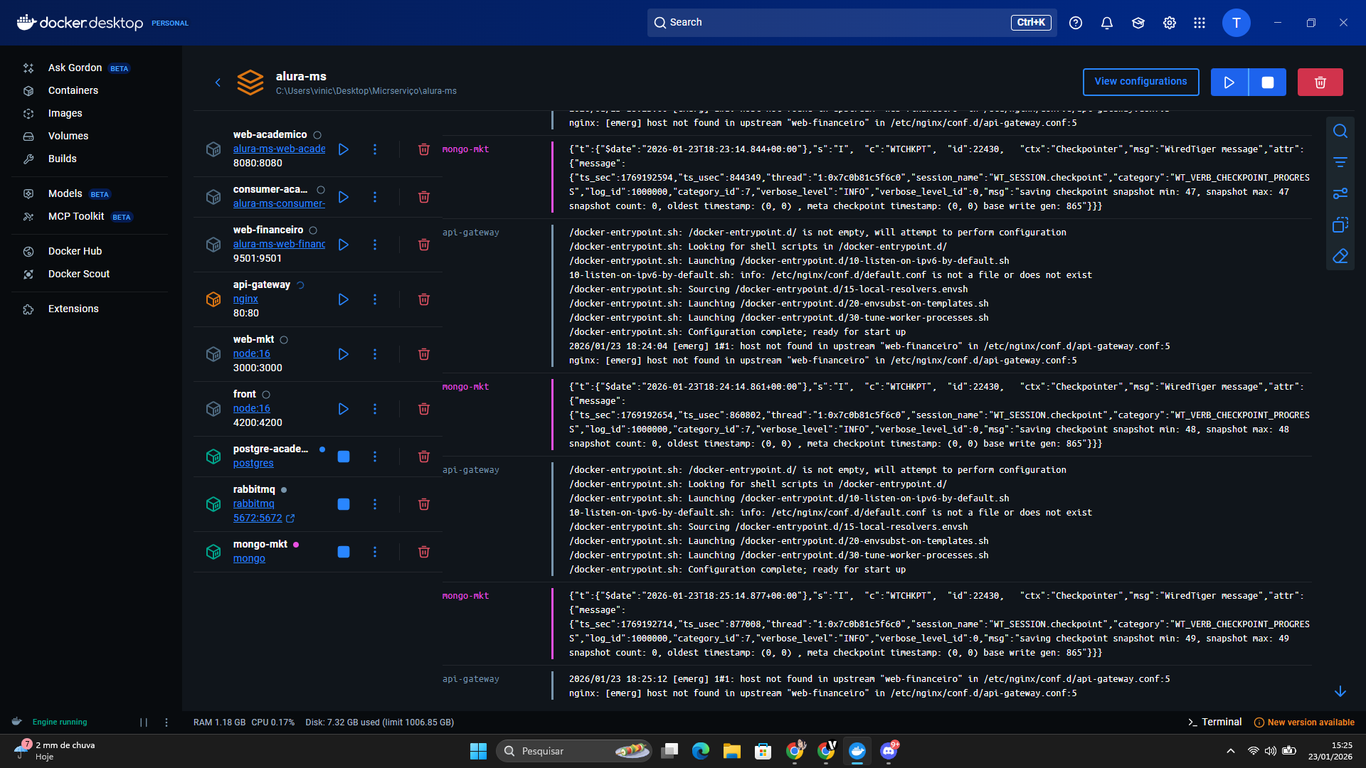 Como Resolver esse erro  do web financeiro juntamente disso que eu nãpo consigo subir o resto dos containers ?