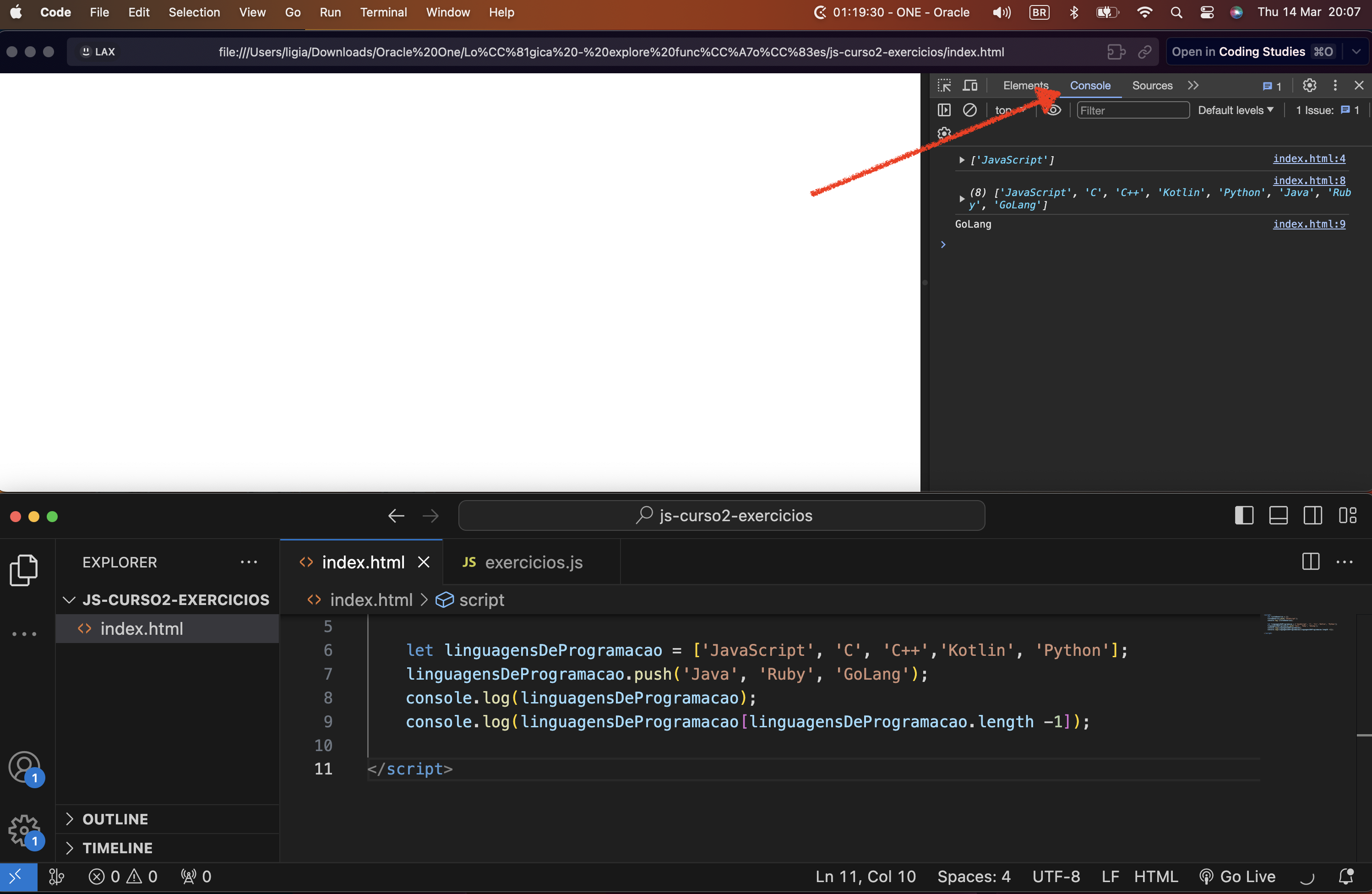 captura de tela de navegador e VS Code, mostrando Console no Inspetor