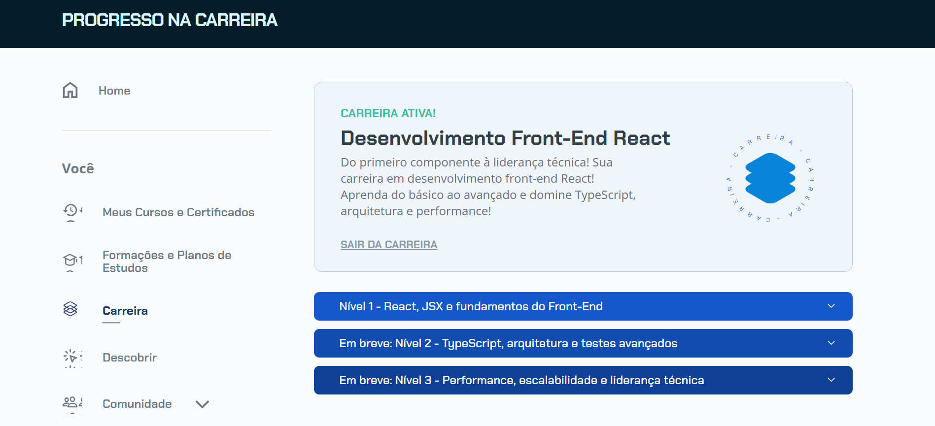 Imagem 2 - Página do Progresso na carreira mostrando os niveis disponiveis