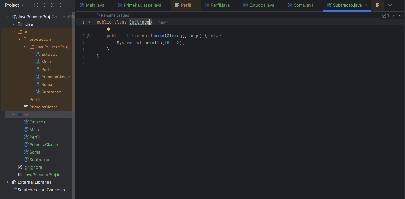 print da tela do IntelliJ com várias classes sob 'SCR' e "OUT"