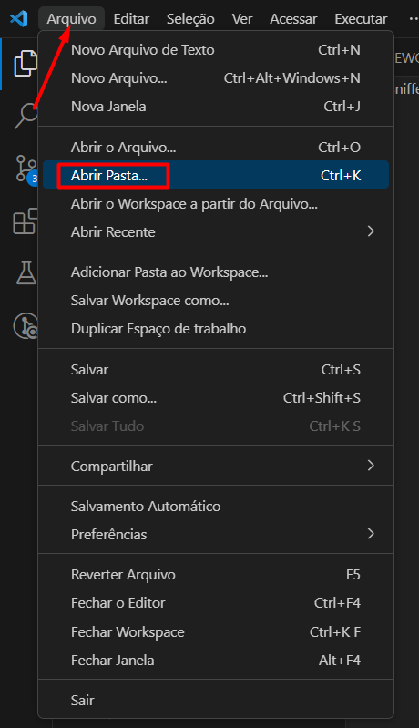 Visual Studio Code: Arquivo >Abrir Pasta... 