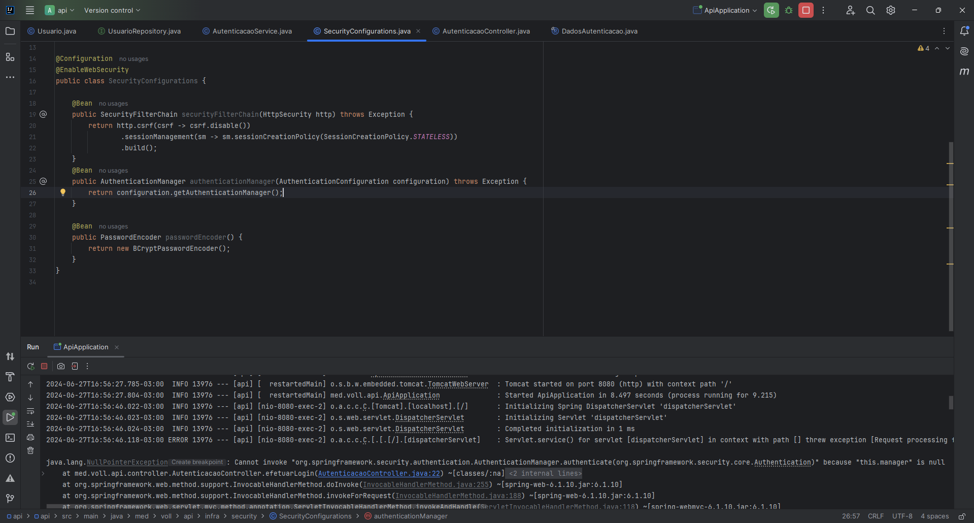 IPrint do meu intellij na classe que está tendo problema e oque aparece no terminal.