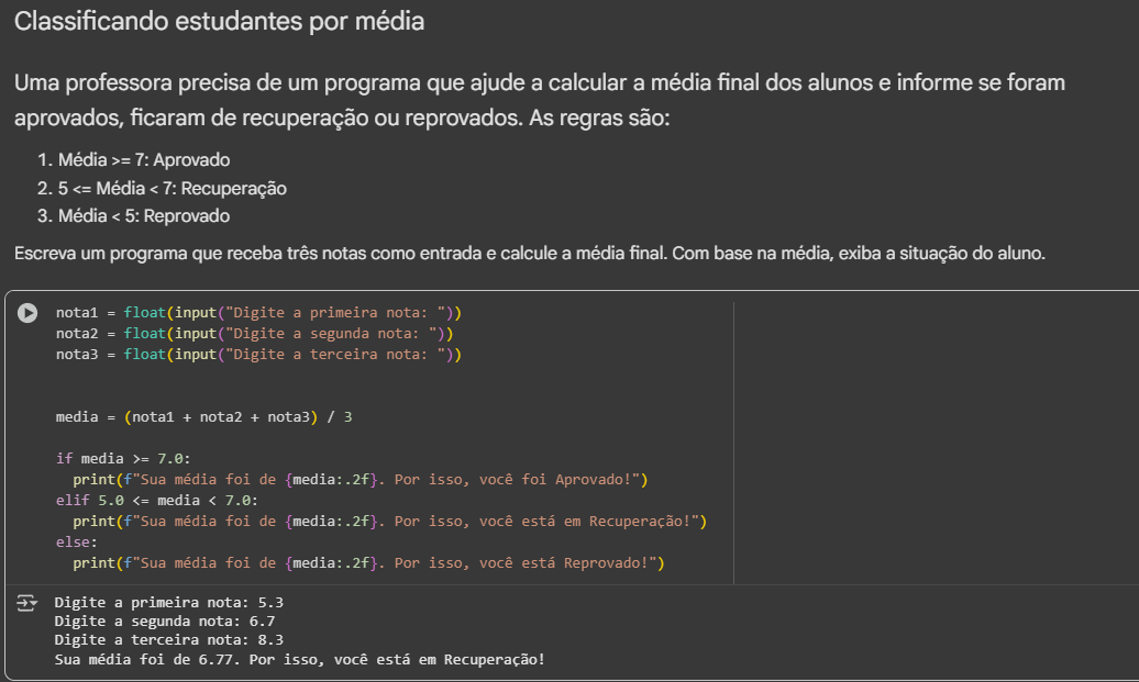 meu print do google colab mostrando a resolução do desafio da média dos estudantes.