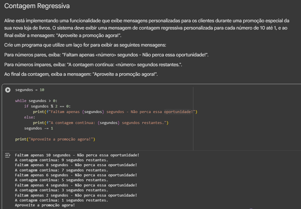 print do colab sobre a resolução do problema da contagem regressiva 
