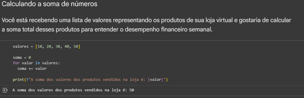 print da minha resolução da atividade de soma com for