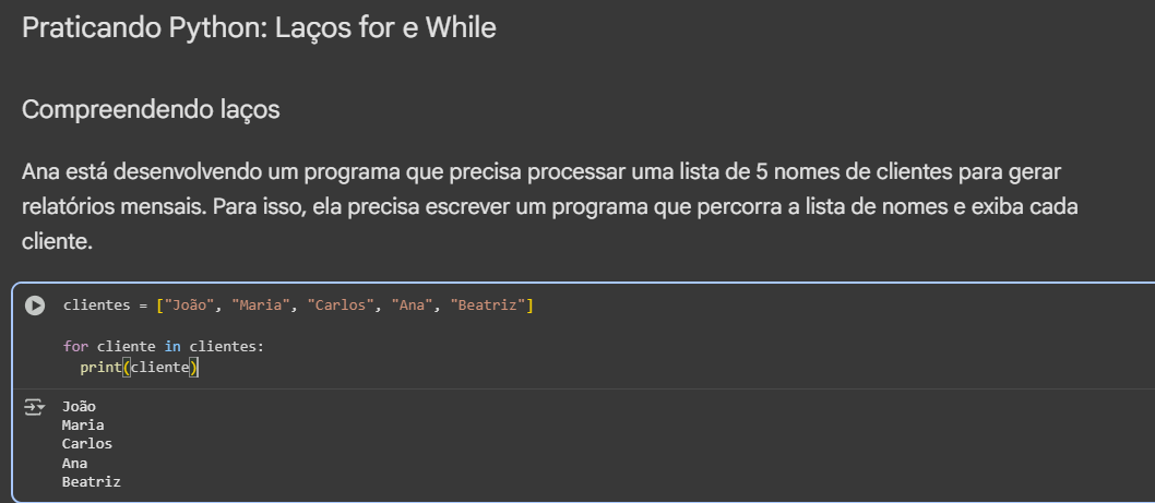 Abaixo minha resolução para o exercício de laços utilizando o for