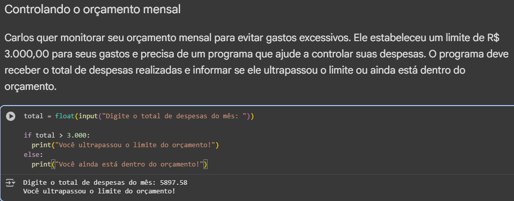 print do meu google colab sobre controle de orçamento com a saída sugerida pelo desafio proposto a mim