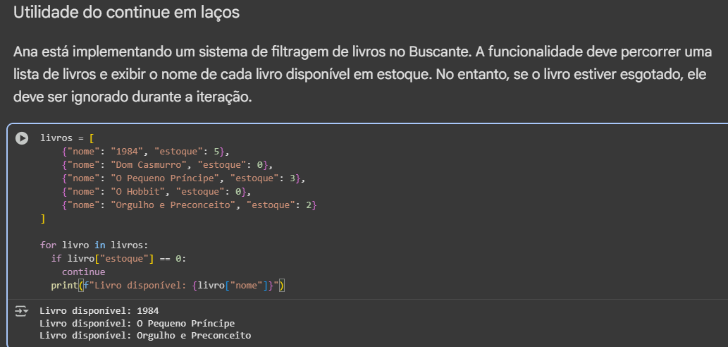 imagem da resolução de exercícios com continue