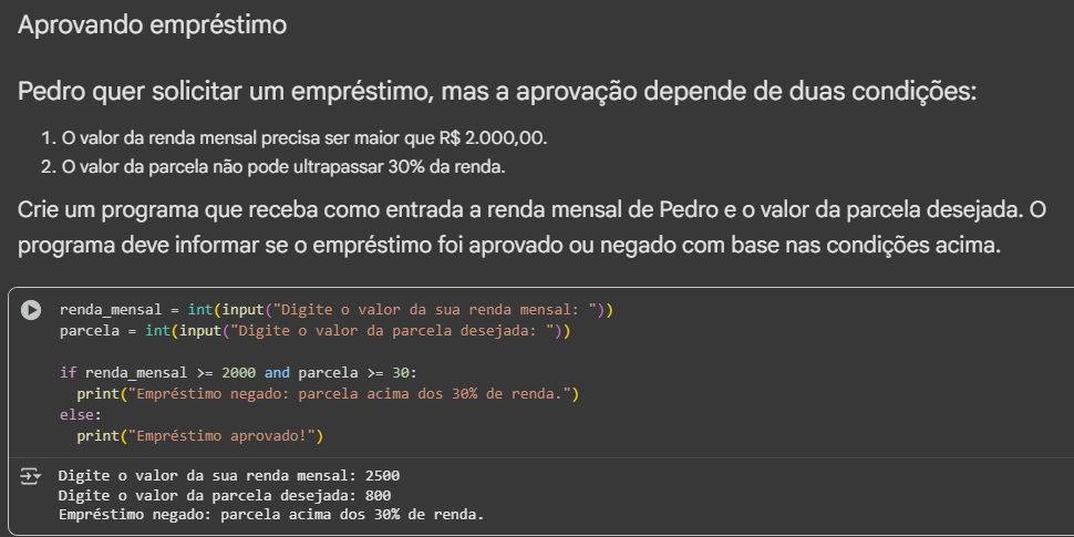print do meu colab resolvendo o exercício do empréstimo com a saída pedida pelo desafio