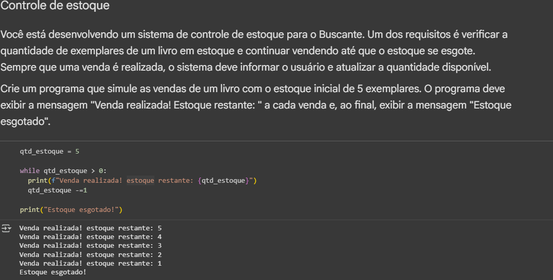 print do exercício sobre Controle de estoque feito no colab