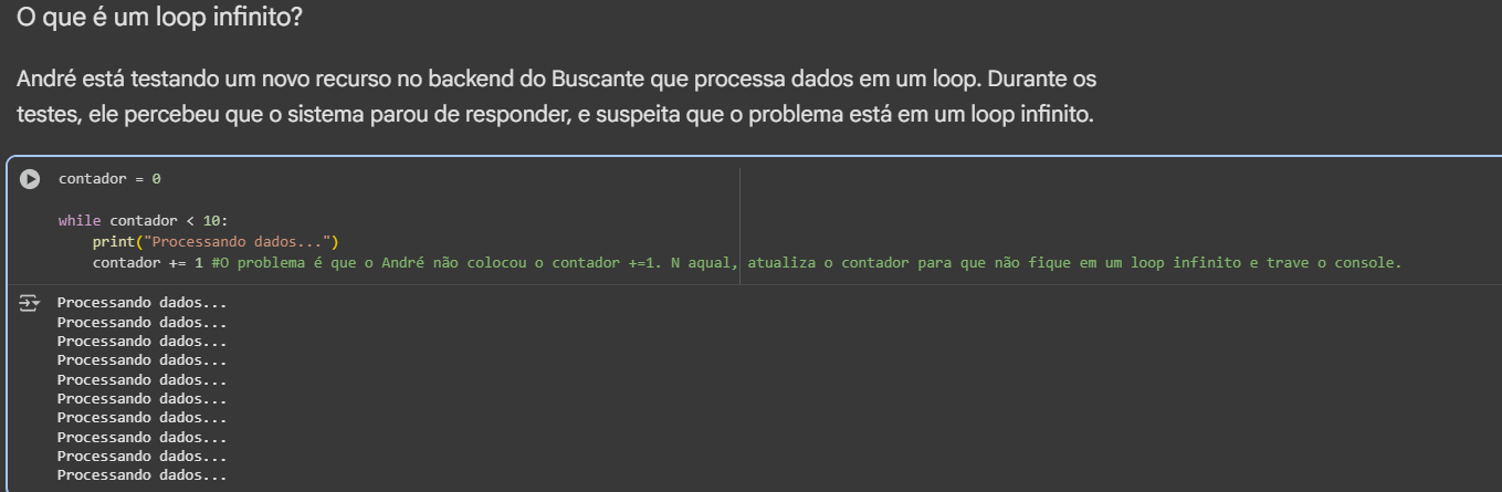 print que fiz do google colab para resolução do exercício de loop infinito