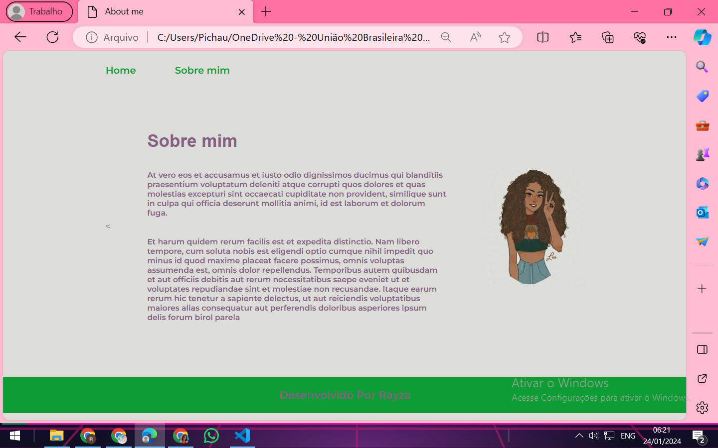 imagem da pagina "sobre mim" (about me) nas cores verde e roxo