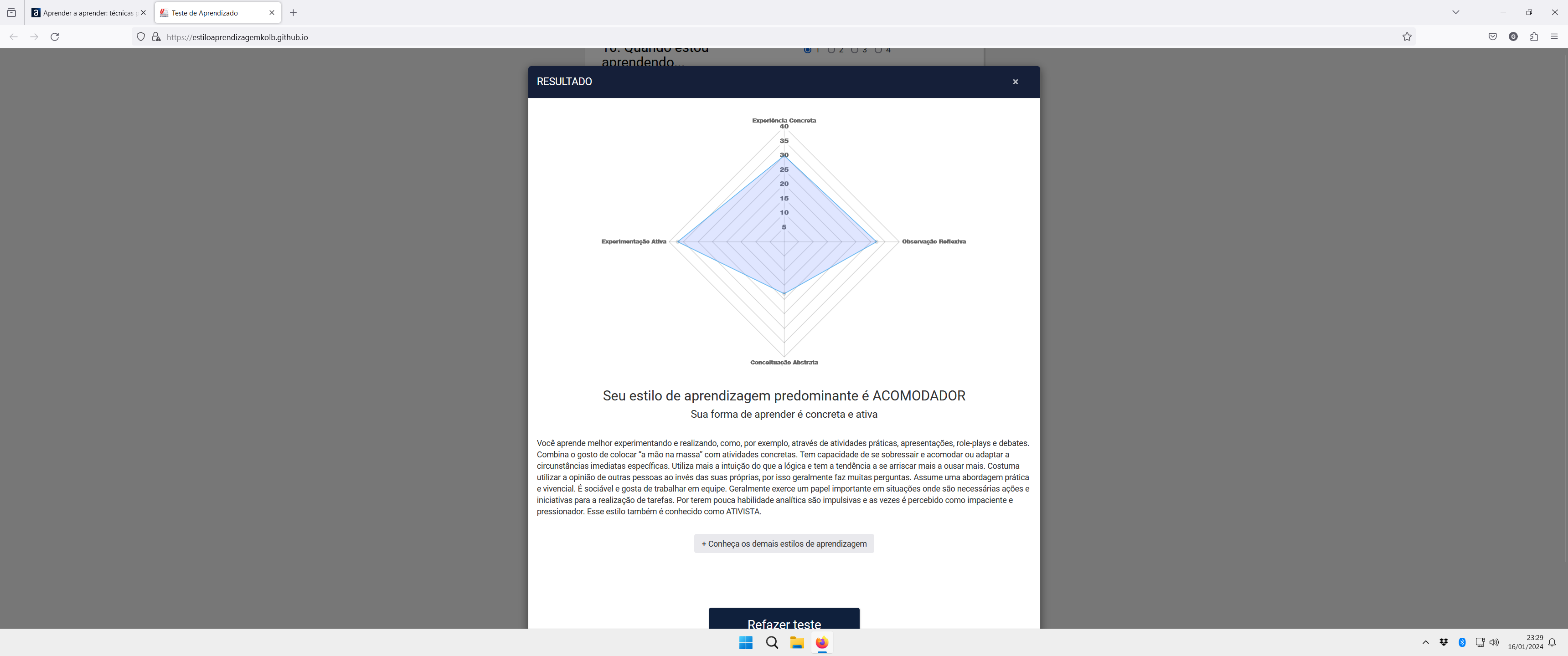 Print sobre o resultado do meu teste