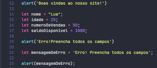 exercício de lógica de programação utilizando váriaveis e o recurso "alert" para exibir uma mensagem ao usuário