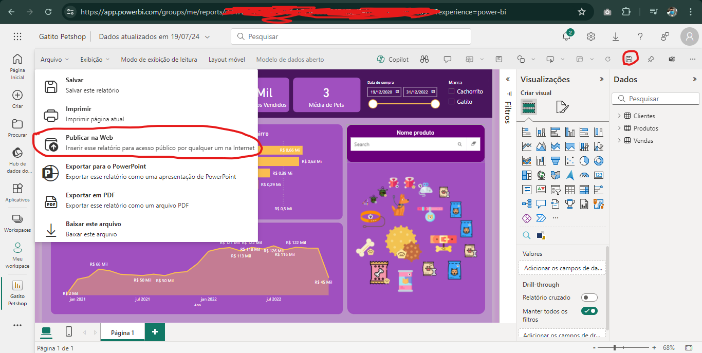 Imagem da interface do power bi da parte de editar o projeto com um circulo em volta do botão Salvar e outro no botão Publicar na Web