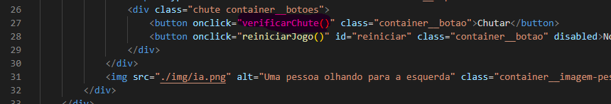 Trecho de código em HTML em que há inserida a função verificarChute