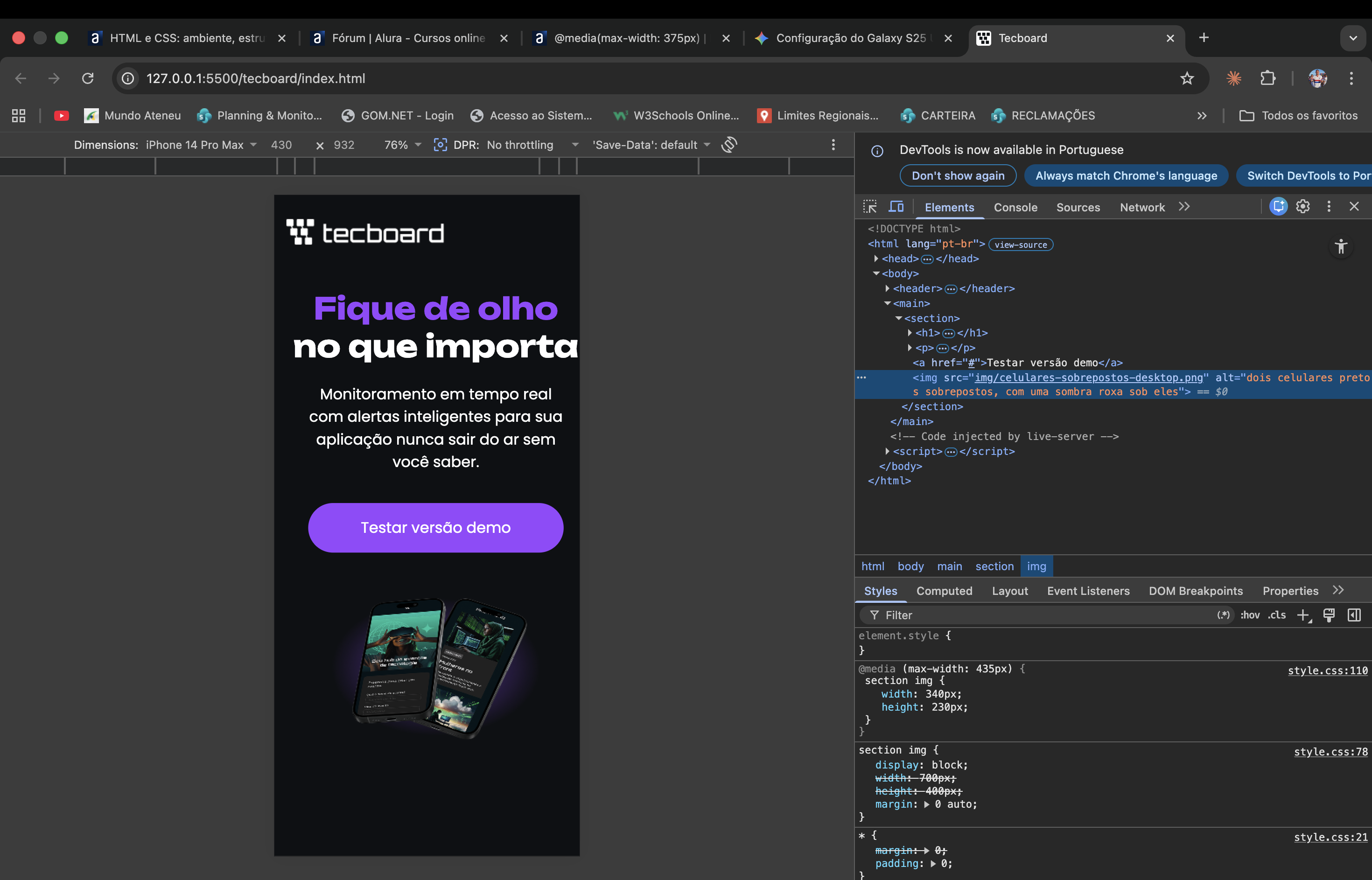 Imagem mostra o @media para quando for adequar para celular usar 435px como recorte