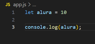 Um print de um programa básico de JavaScript no VS Code que diz: "let alura = 10 /n console.log(alura)"