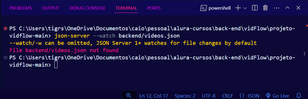 Terminal informando que não envontrou o arquivo videos.json: