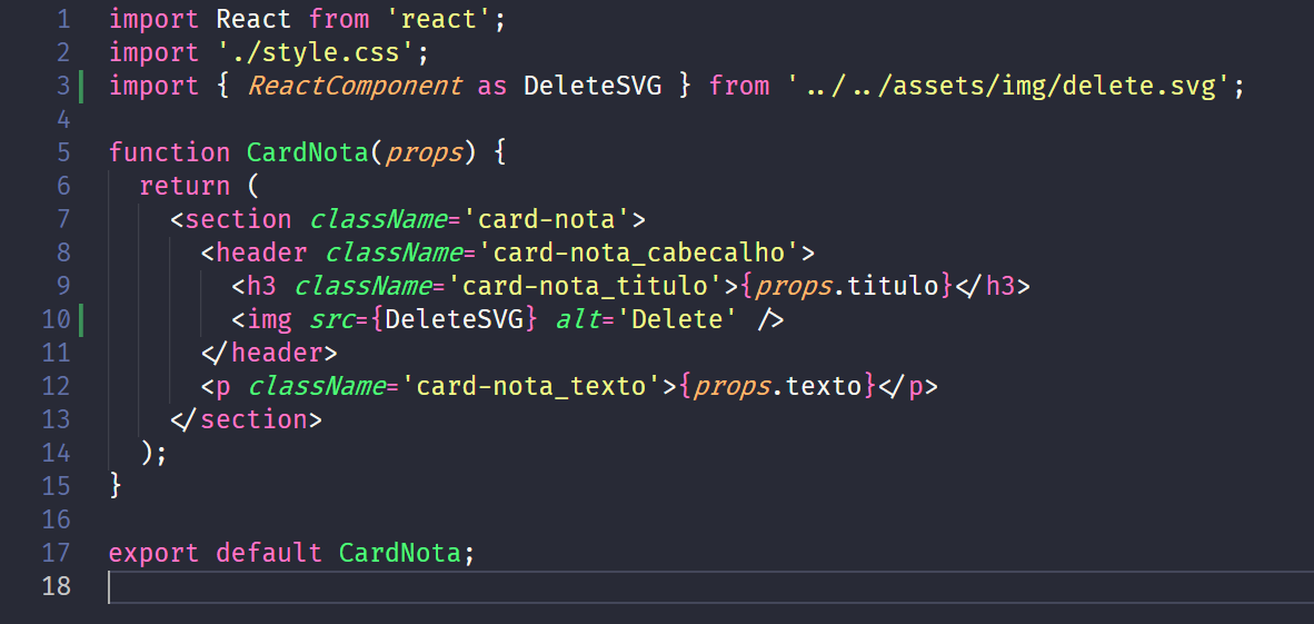 Print da tela que mostra o código do componente CardNota