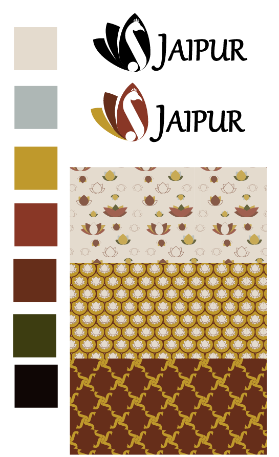 Logo do restaurante jaipur, mais paleta de cores e padrão