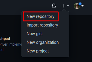 Imagem de um menu de opções aberto, com o botão "New repository" ressaltado