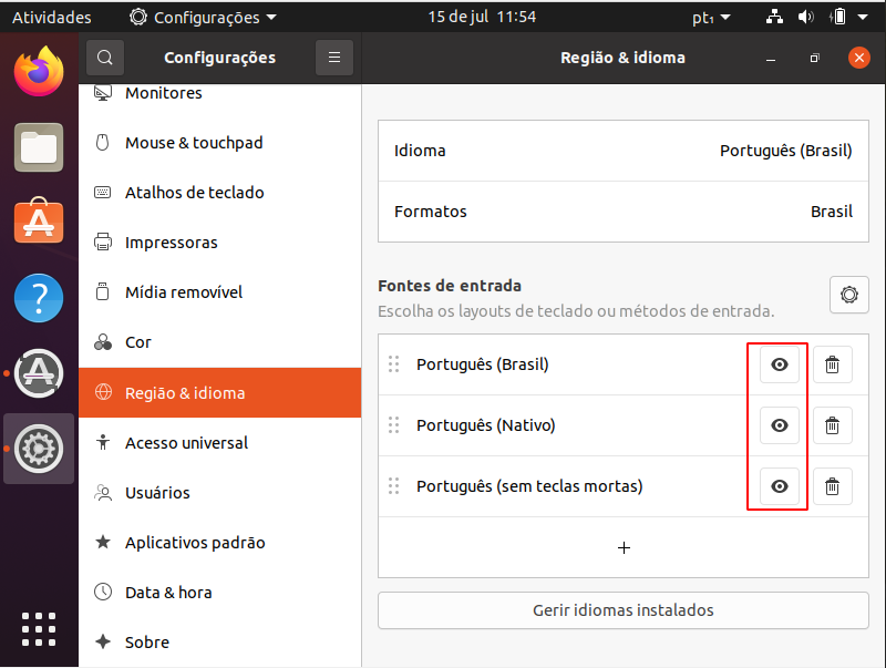 Tela da aba de configurações aberta, na subcategoria Região & Idioma, ressaltando os ícones de visualização