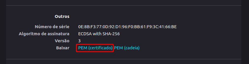 Imagem que ressalta o link de download do PEM certificado