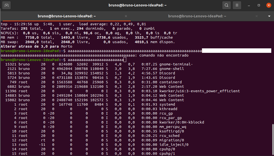 Terminal mostrando um top descontinuado, no qual a medida que algo é escrito o top vai sendo apagado e escrito por cima.