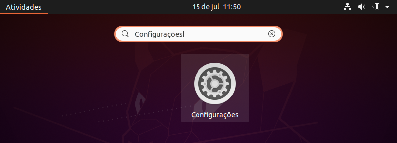 Imagem do menu de aplicações do ubuntu, com o ícone de Configurações cetralizado