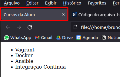 Imagem da página do navegador com o arquivo html aberto, ressaltando o nome 'Cursos da Alura' na aba do arquivo html