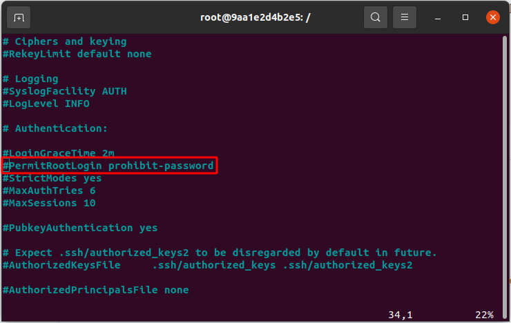 Imagem que mostra o arquivo sshd_config e ressalta a linha #PermitRootLogin prohibit-password