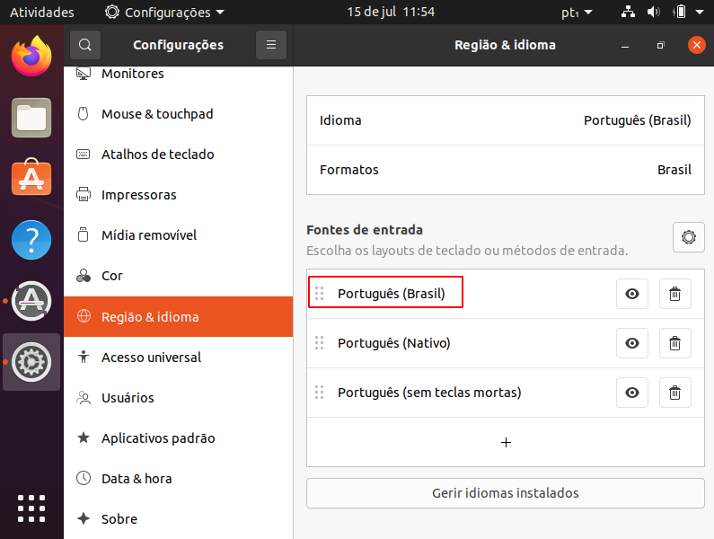 Tela da aba de configurações aberta, na subcategoria Região & Idioma, ressaltando a primeira opção de entrada